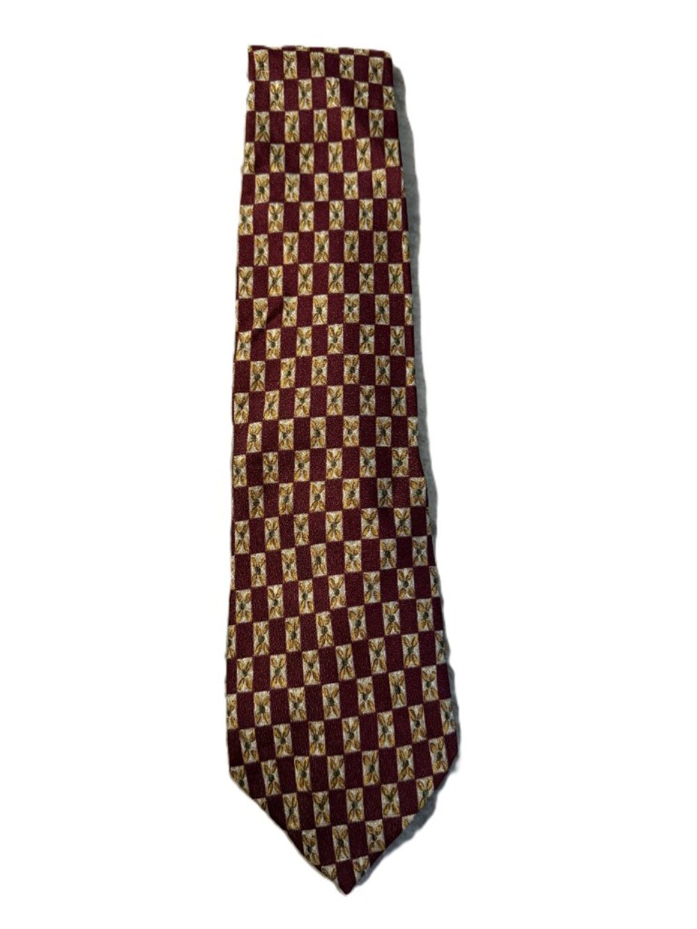 Joseph Abboud 100% Silk Tie – (Maroon & Gold Checkerboard Floral Motif)
